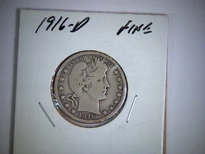 1916-D BARBER LIBERTY HEAD QUARTER DOLLAR COIN, OLD SILVER COIN - Picture 1 of 2