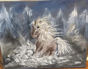 ooak Original Acrylbild Mystery Pferd läuft Schneeberge - Bild 1 von 3