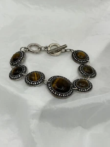 Natural Tiger Eye Gemstone Round Cabochon Adjustable Silver Toggle Bracelet - Picture 1 of 1