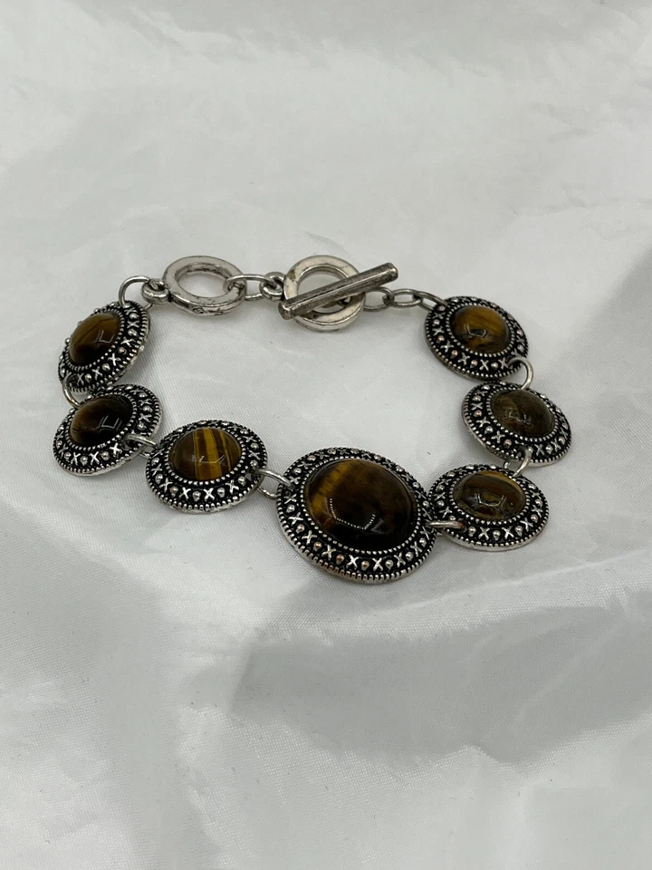 Brazalete ajustable de plata con cabujón redondo de piedras preciosas ojo de tigre natural Foto 1 de 1