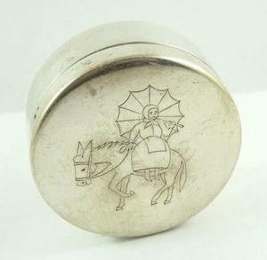 Hallmarked Silver Lidded Trinket Box with an Engraved Woman Riding a Donkey - Picture 1 of 5