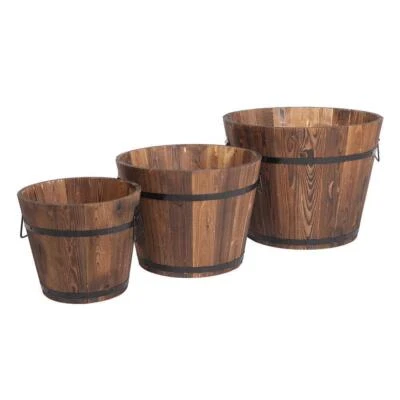 Set of 3 Wooden Pot Set Wood Barrels Garden Patio Outdoor Flower Plant Pots Yard - Image 1 of 4