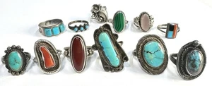 Lot 12 925 Sterling Native American Navajo Zuni Rings Turquoise Malachite Coral - Picture 1 of 15
