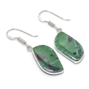 Natural Ruby Zoisite Gemstone 925 Sterling Silver Jewelry Earring Size 1.3" - Picture 1 of 1