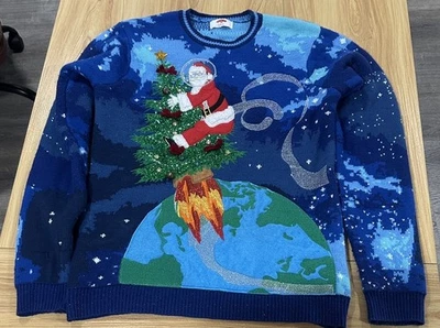 Ugly Sweater Santa Riding A Rocket Christmas Tree With Jingle Bella Size M 38-40 - Image 1 of 4