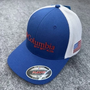 Columbia PFG Hat S/M Flexfit High Crown Blue White Mesh Flag Side Patch Cap NWT - Picture 1 of 9