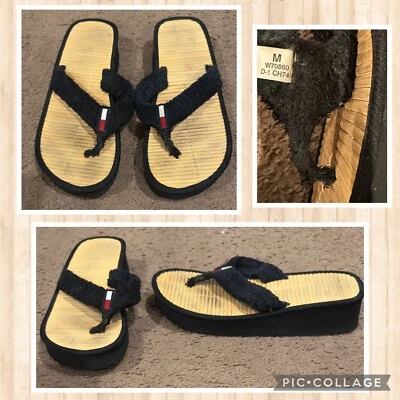 Tommy Hilfiger Women's Black Terry Platform Sandals Size M Bamboo Insole VTG 90s - Image 1 of 4