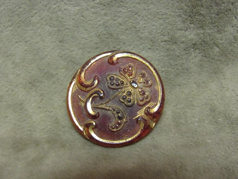 Victorian Red Amber Colored Glass clothes Button Gilt Flower Design Surface Cover