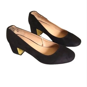 NWT Fioni KRUE black NGO NOIR suede gold accent Block heel pumps, 6.5 - Picture 1 of 10