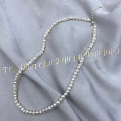 Elegante collar de perlas cultivadas de agua dulce blancas naturales genuinas 14-48"" 4-7 mm Foto 1 de 4