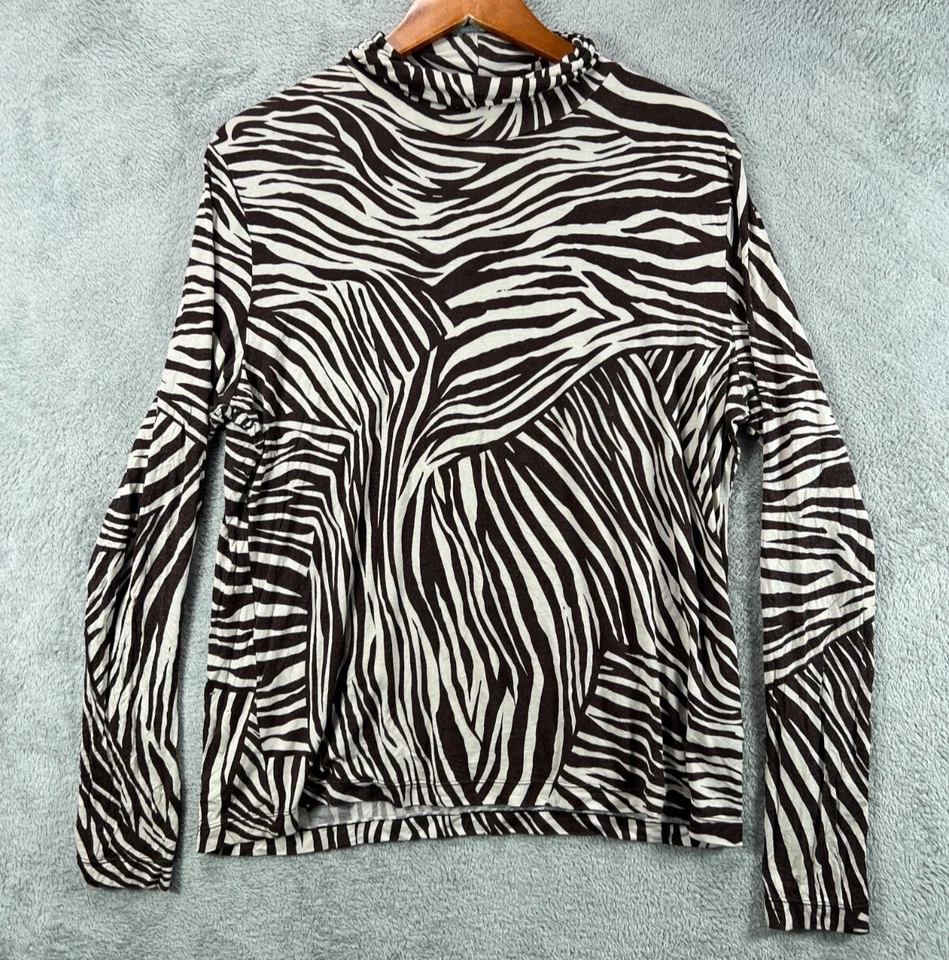 H&M Mujer Cebra Cuello Alto Top Marrón Manga Larga Camisa Monocromática Modal Tejido Foto 1 de 4