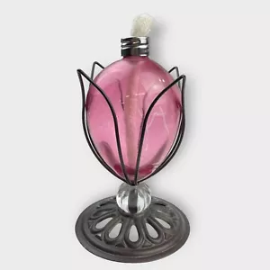 Beautiful Decorative Glass Lamp Metal Flower Base Rose Pink Glass Wick Unused! - Bild 1 von 6