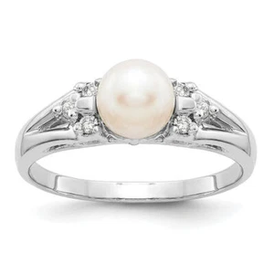 14K Solid White Gold 6mm Freshwater Cultured Pearl Diamond Ring - Picture 1 of 17