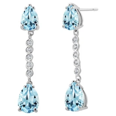 Simulated 16.92 TCW Pear Cut Aquamarine & Round Sapphire Dangle Wedding Earrings - Image 1 of 4