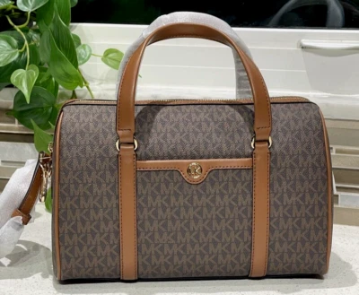 MICHAEL KORS TRAVEL MEDIUM DUFFLE SATCHEL BAG SHOULDER CROSSBODY MK BROWN LOGO - Image 1 of 4