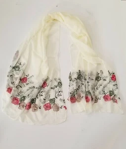Billies Rectangle Scarf Cream With Pink Green Tan Roses Floral Embroidery - Picture 1 of 12