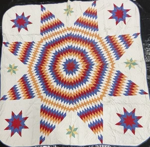ANTIQUE/VINTAGE HAND QUILTED TEXAS STAR CUTTER QUILT! BLUE ORANGE RED WHITE - Picture 1 of 21