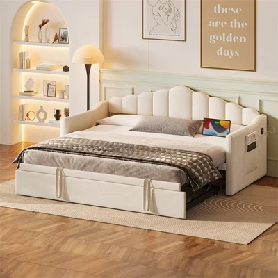 Twin Size Upholstered Daybed with Pop Up Trundle Bed,USB & Type C Port,Beige - Image 1 of 4