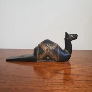 Camel Wedge Wood Figural Doorstop Boho Hand Carved Sculpture brass accents - Picture 1 of 8