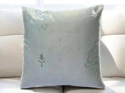 PASTEL Duck Egg Blue Silver Damask Jacquard Cushion Cover 18x18" Luxury Decor - Image 1 of 4