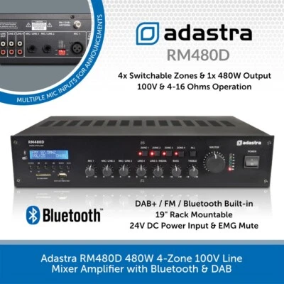 Adastra RM480D 100V Mixer Amp 480W With Bluetooth, DAB Radio & 4-Zone Control - Image 1 of 4