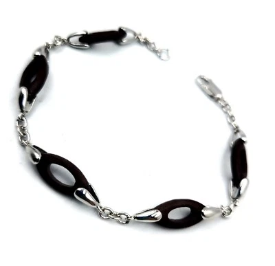 Lovely Artsy Sterling Silver 925 Chain Bracelet w Teak Wood Links 7.25" - Image 1 of 4