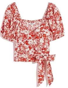 Madewell Red Anita Abstract Floral Linen Blend Smocked Wrap Puff Sleeve Top Lg - Picture 1 of 7