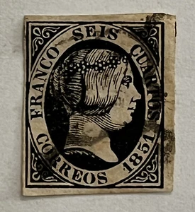 1851 SPAIN BLACK 6 CUARTOS IMPERF STAMP #6 MARGINS ON ALL FOUR SIDES - Picture 1 of 2