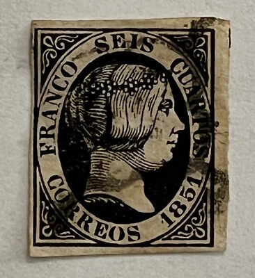 ESPAÑA 1851 NEGRO 6 CUARTOS SELLO IMPERF #6 MÁRGENES EN LOS CUATRO LADOS Foto 1 de 2