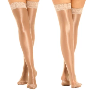 Womens High Stockings 60 Denier Oil Glossy Nylon Hold Up Pantyhose Socks - Picture 1 of 87