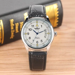 Winner Men's Automatic Watches Black/White Luminous Dial Leather Band Wristwatch - Picture 1 of 13