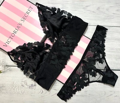 Victoria’s Secret Luxe Long Line Floral Embroidered Bralette Thong Set Black - Image 1 of 4
