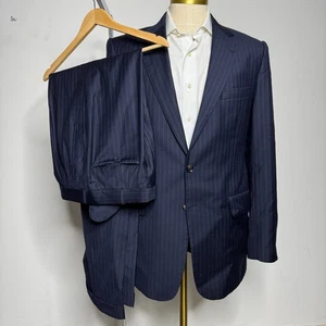 Traje de lana a rayas azul marino Jiwani hecho a medida 40L 32W Vitale Barberis Canonico - Imagen 1 de 12