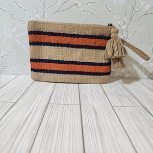J. Jill gestreifte Jute Clutch Tasche Handgelenktasche in Natur, Marine & Orange Quaste Einheitsgröße - Bild 1 von 9