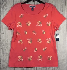 Karen Scott Top Coral Floral Boat Neck - Short Sleeve Knit Pull Over embroidered - Picture 1 of 3