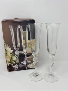 Set Of 2 Gorham Amore Frosted Double Heart Lead Crystal Champagne Flutes - Picture 1 of 4