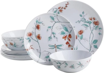 Martha Stewart Dragonfly 12 Piece Decorated Melamine Dinnerware Set - White - Image 1 of 4