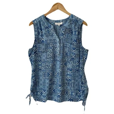 Top para mujer CORAL BAY grande sin cuello sin mangas popover azul blanco estampado geográfico Foto 1 de 4