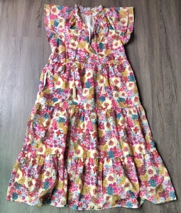 THML Tiered Floral Midi Dress Size M Pink Yellow Ruffle Sleeve Flowy Colorful - Picture 1 of 8