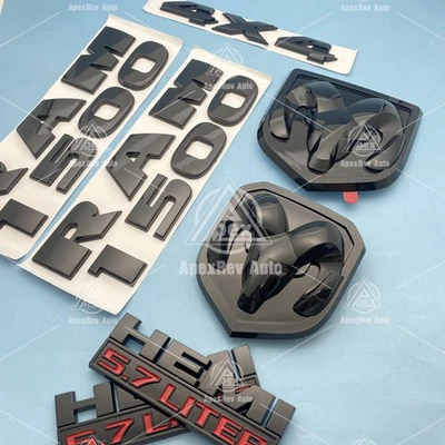 7Pcs Glossy Black Emblems For RAM 1500 Front Rear HEMI 5.7 Liter 4X4 Badges - Image 1 of 4