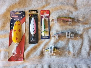 2 New in Package Spoons, 1 Rooster Tail & 3 Crankbaits in Package Eppinger,Worde - Picture 1 of 8