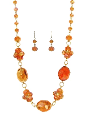 Juego de collar y pendientes con cuentas de vidrio naranja con acabado aurora boreal - NUEVO Foto 1 de 4