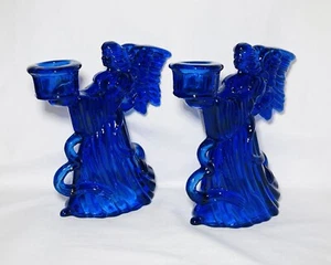 2 Vtg Glass Angel Taper Candlestick Holders Vibrant Cobalt Blue  5.5”x 5”x 2.25” - Picture 1 of 11