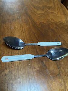 2 Vintage Robinson USA Stainless Steel Spoon White Handle Serving Utensil 12"