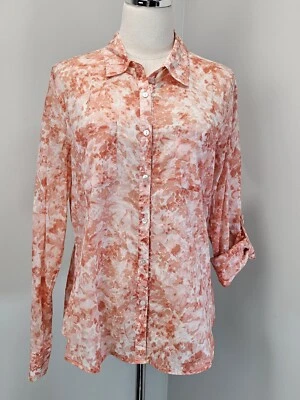 Talbots Womens Button Up Shirt 14 Orange Watercolor Print Sheer Lightweight - Image 1 of 4