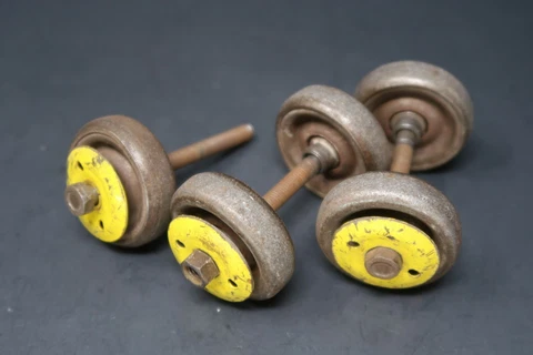 Lot of 5  Vintage Iron Ball Bearing Casters Wheels With Yellow Wheel Covers Cover