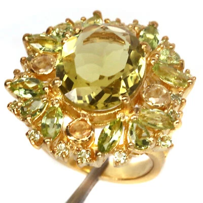 12 X 15 Mm. Lemon-Quarz Peridot Saphir Ring 925 Silber Sterlingsilber 18K Gold - Bild 1 von 4