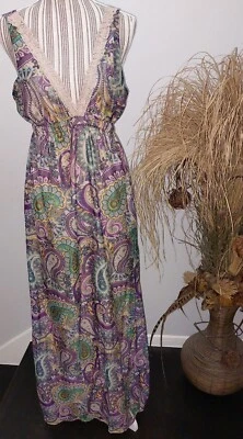 Womens Eyelash Couture Paisley Sleeveless V Neck Boho Maxi Dress Sundress Large - Image 1 of 4
