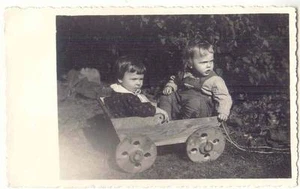 LATVIA METRIENA LIFE SCENE VIEW RPPC ca.1930 LITTLE CHILDREN at WOODEN BABY CART - Picture 1 of 1