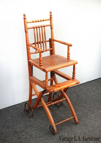 Unique Antique Brown Oak Convertible High Chair and Stroller with Wheels Asis Cover
